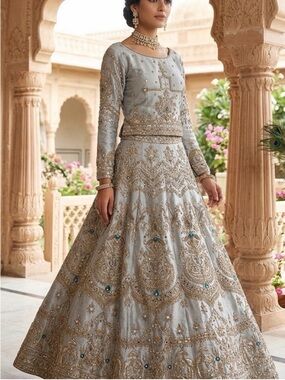 Embellished Silver-Gray Long Sleeve Bridal Gown